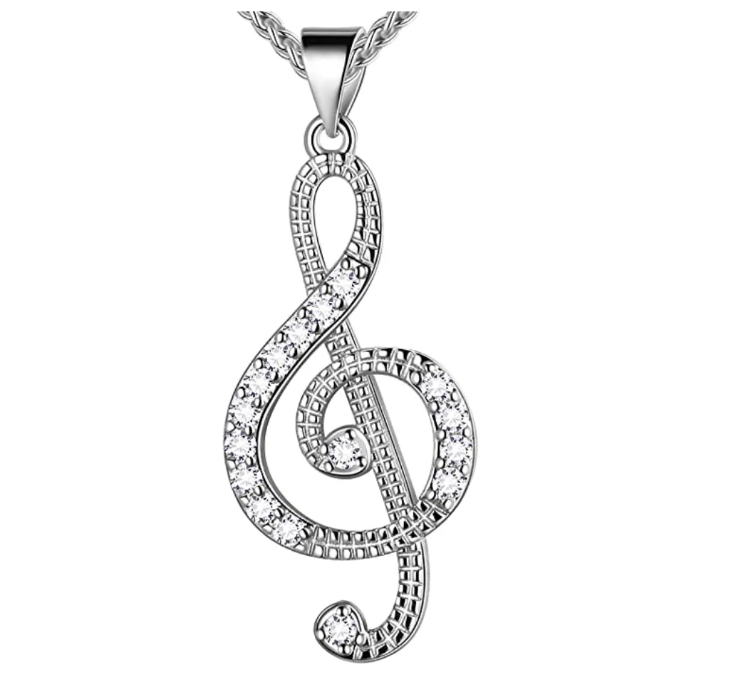 1/4 ct. Simulated Diamond Treble Clef Note Necklace Music Note Charm Musician Jewelry Singer Gift 20in.
