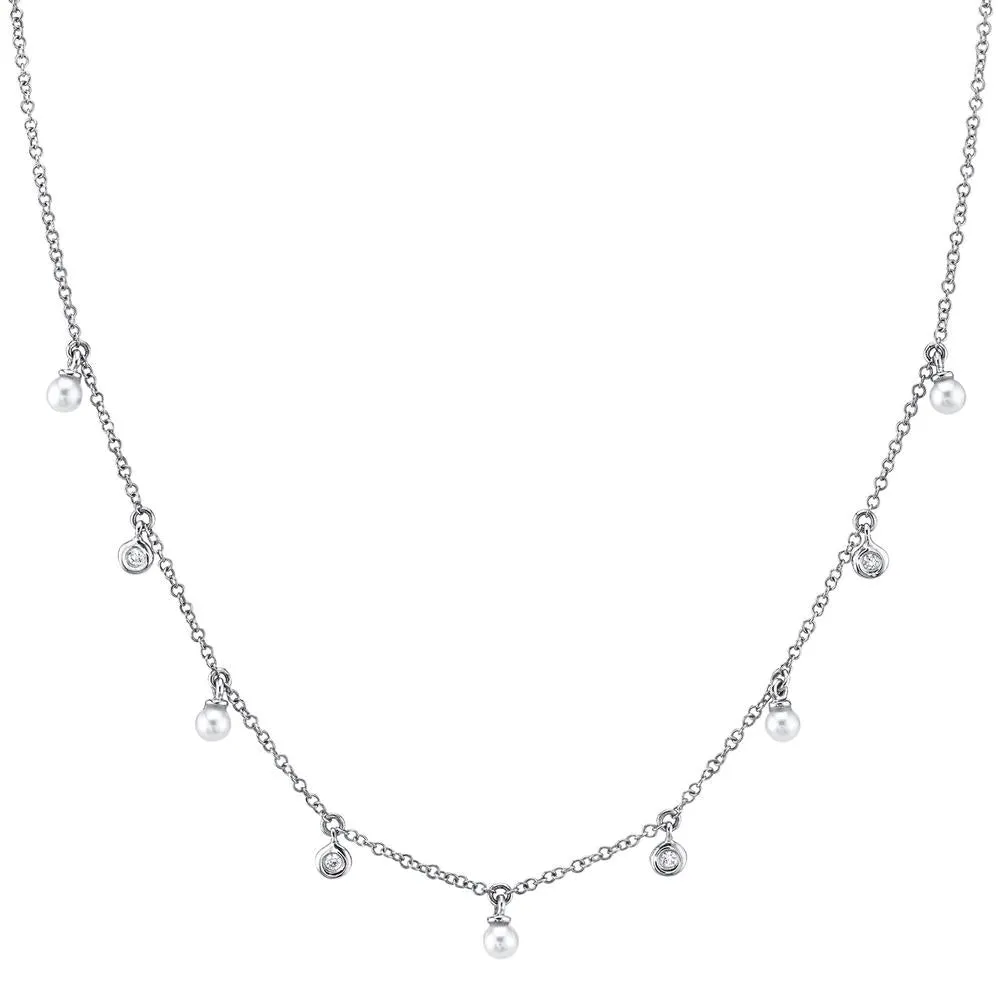14K White Gold Diamond & Cultured Pearl Dangle Necklace