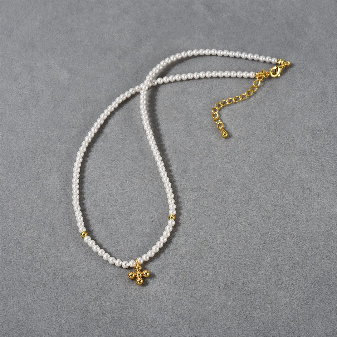 18K Gold Mini Pearl Cross Pendant Necklace