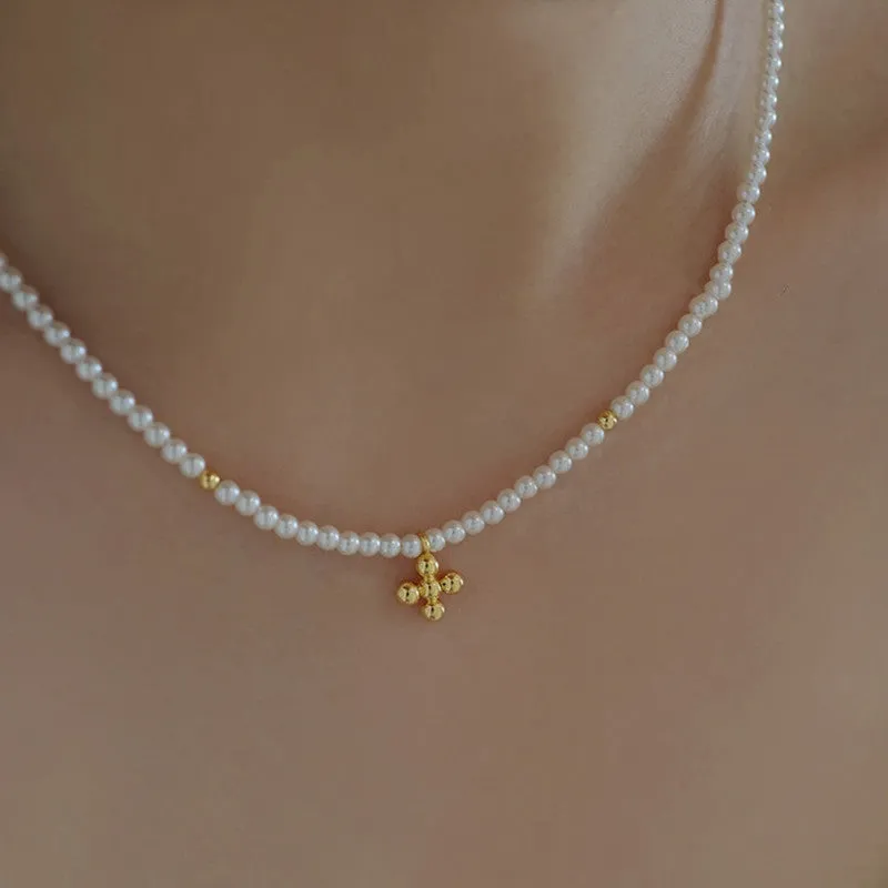 18K Gold Mini Pearl Cross Pendant Necklace