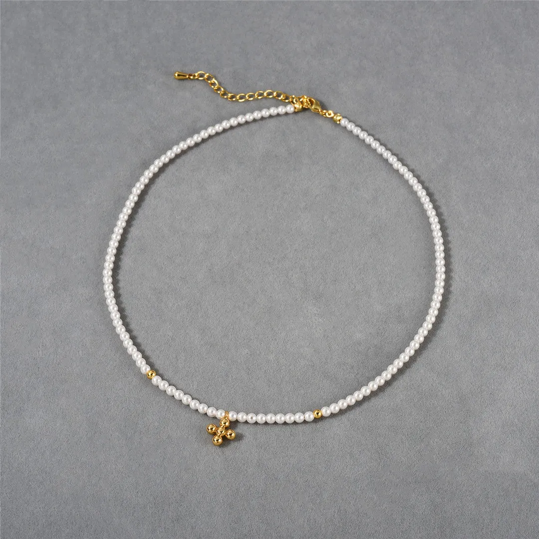18K Gold Mini Pearl Cross Pendant Necklace