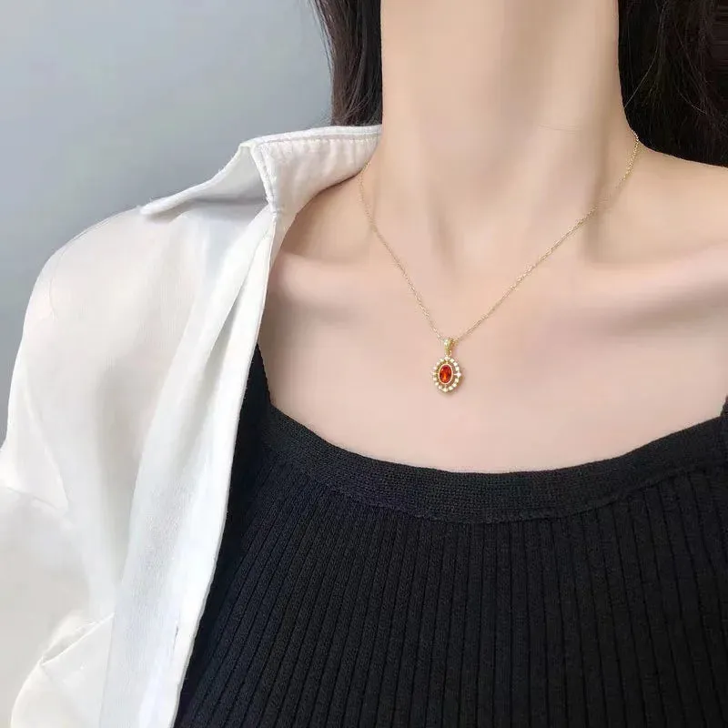 925 Sterling Silver Necklace Charm Jewelry  - Orange Ruby Pendant - Xm278
