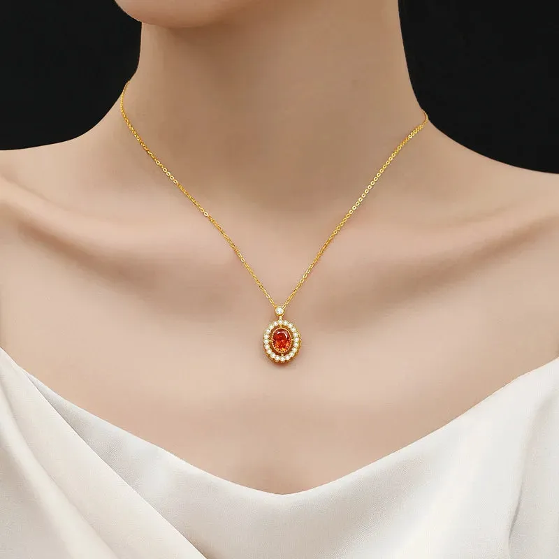 925 Sterling Silver Necklace Charm Jewelry  - Orange Ruby Pendant - Xm278