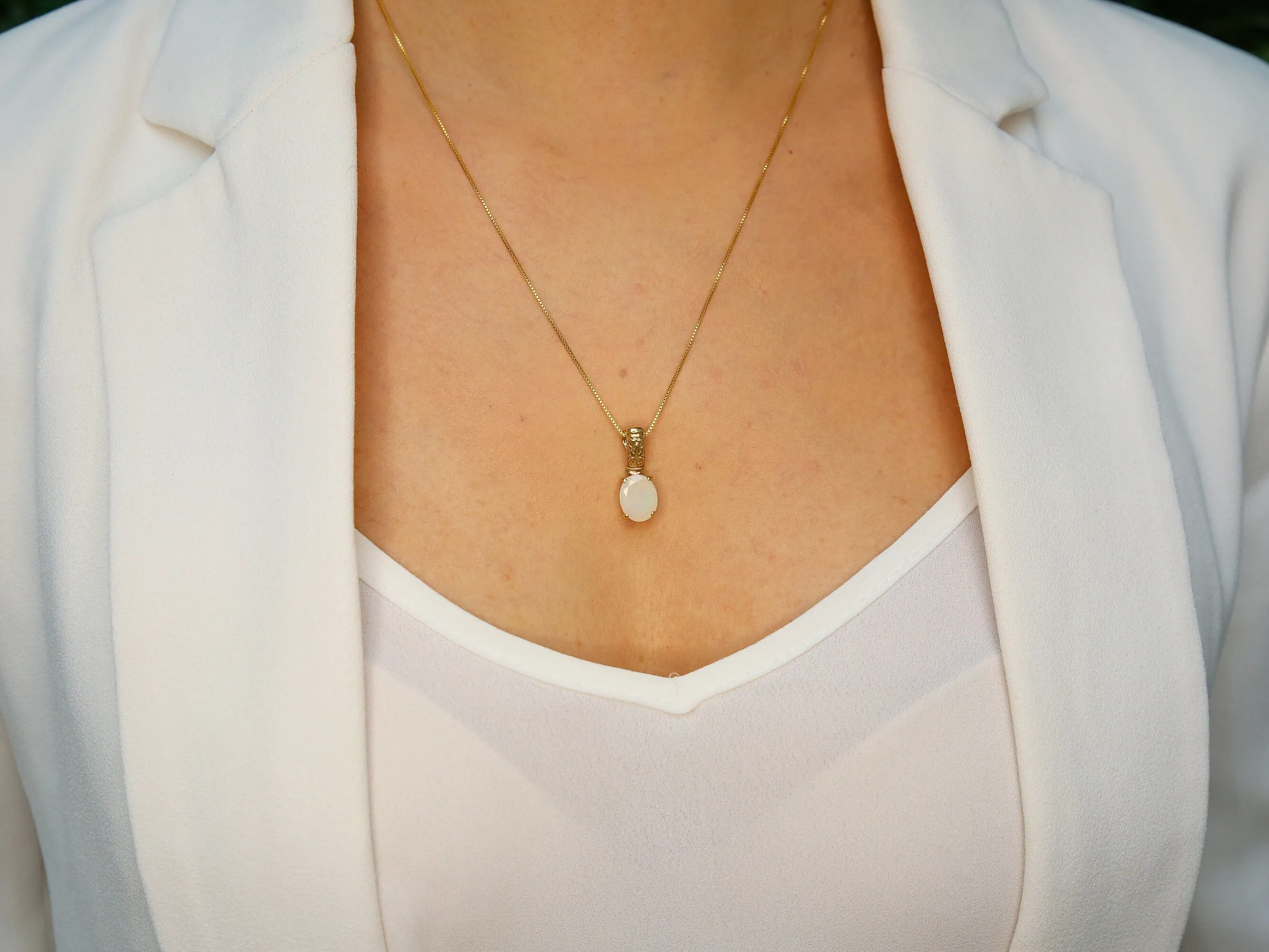 Genuine Opal Pendant - Fire Opal Necklace - White Boho Pendant