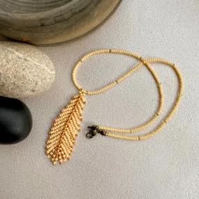 Handmade Beige Gold Seed Bead Feather Necklace, Statement Feather Pendant Necklace, Boho Bohemian Feather Choker Necklace