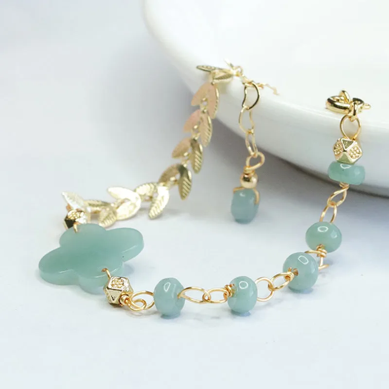 Jade Bead Bracelet with Sterling Silver Clover Accent