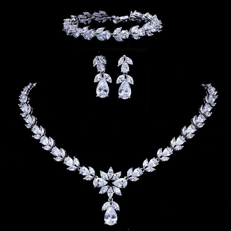 Luxury AAA  Quality Zircon Diamond Crystals 3 Piece Bridal Wedding Jewelry Set