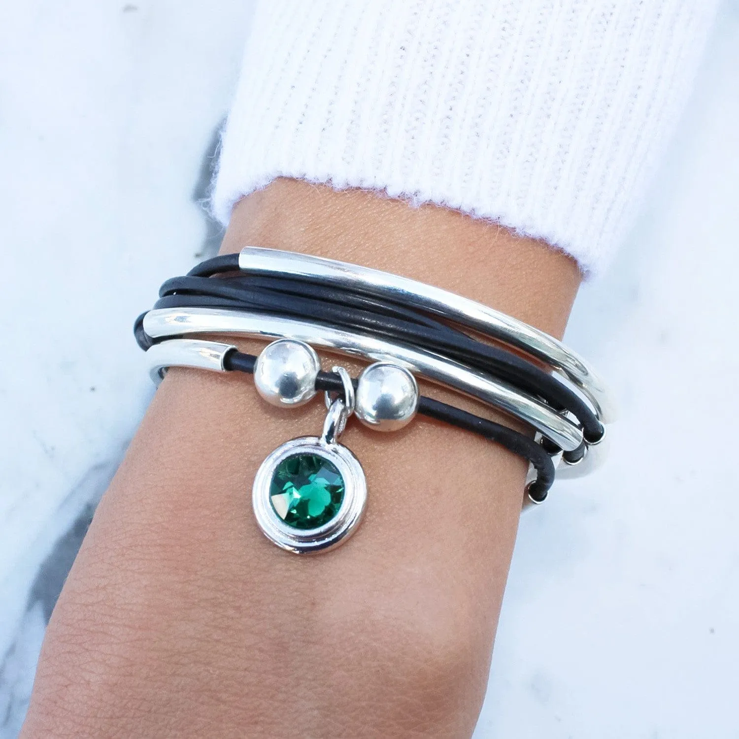 May Birthstone Emerald Green Crystal Charm - Silver