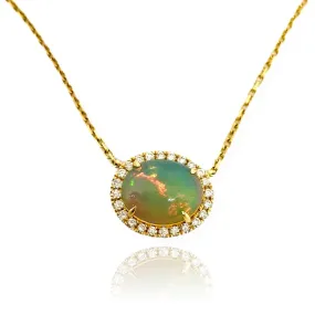 Natural Ethiopian Oval Opal & Diamond Pendant 14K Yellow Gold 2.35 Carat