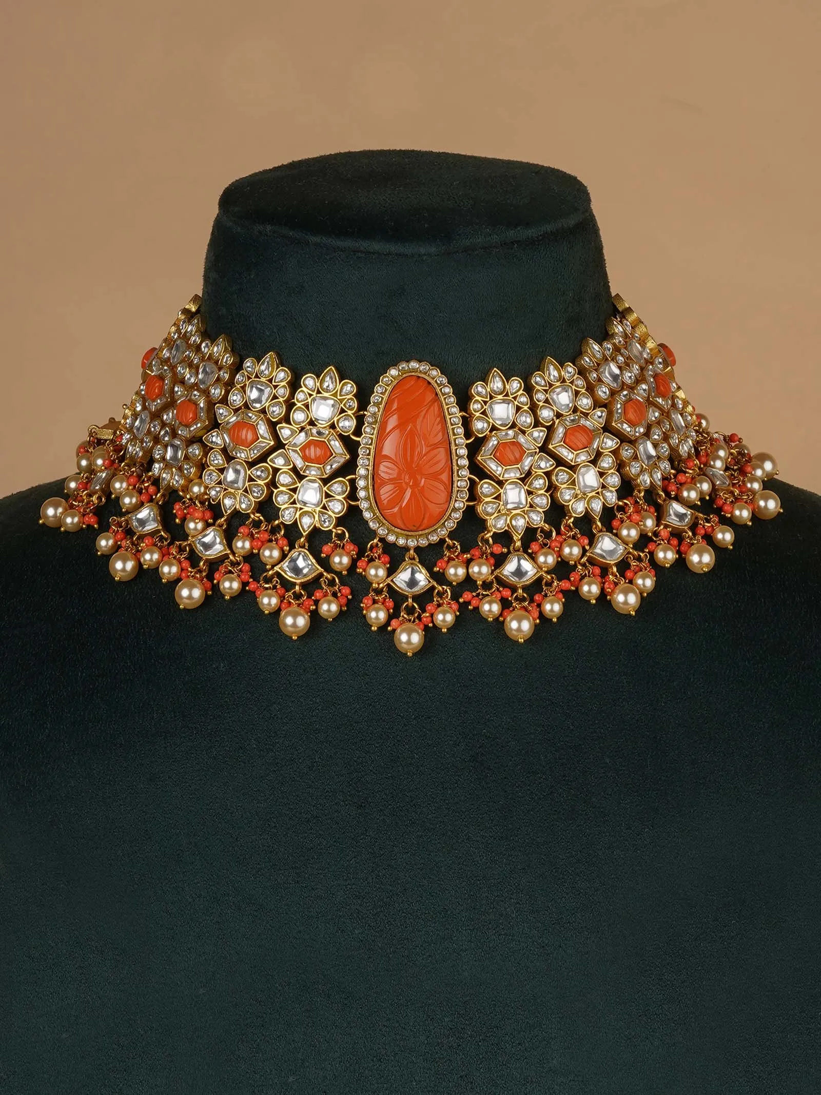 Orange Color Gold Plated Jadau Kundan Necklace Set - MS2212ORA