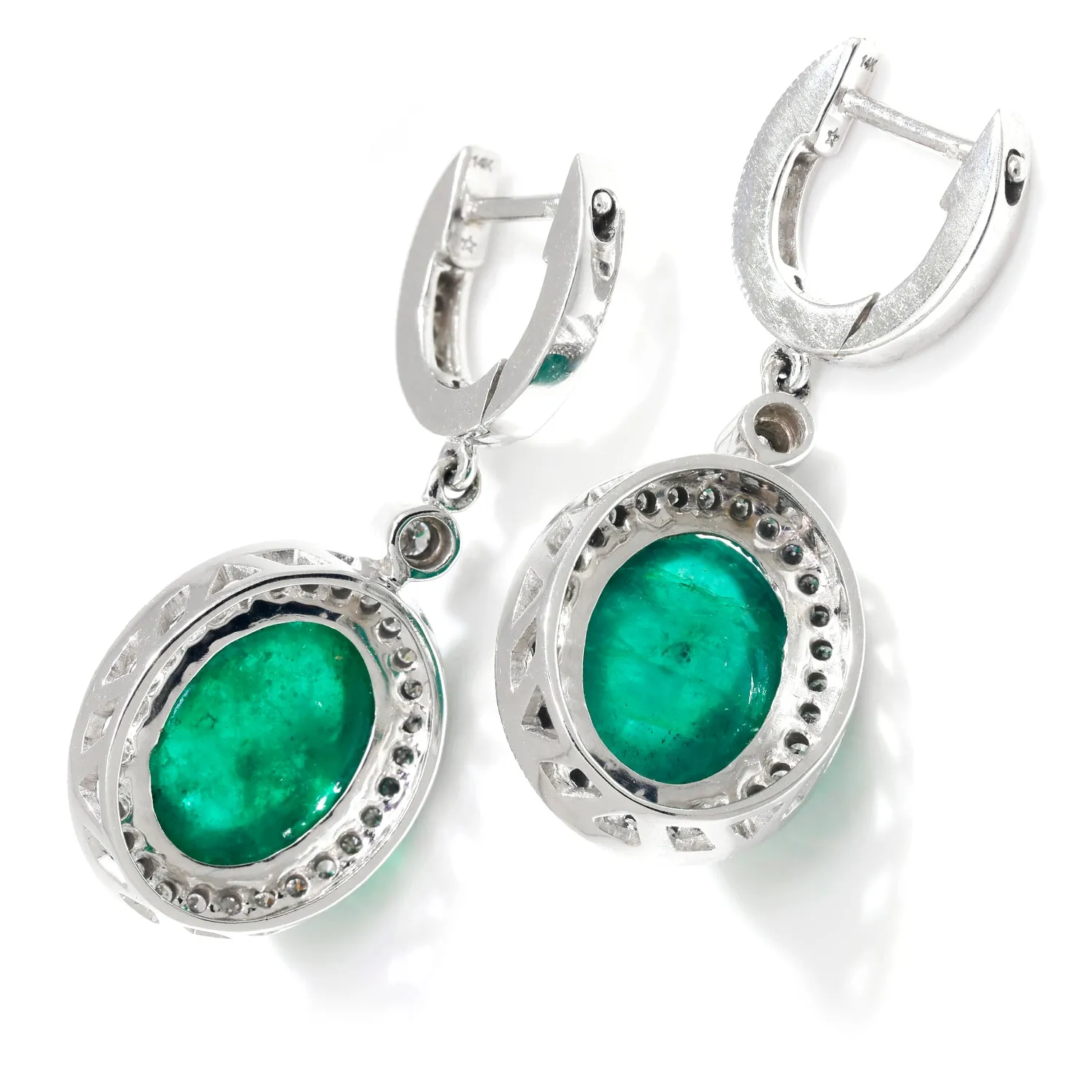 Oval Cabochon Emerald Drop Earrings with Diamonds White Gold