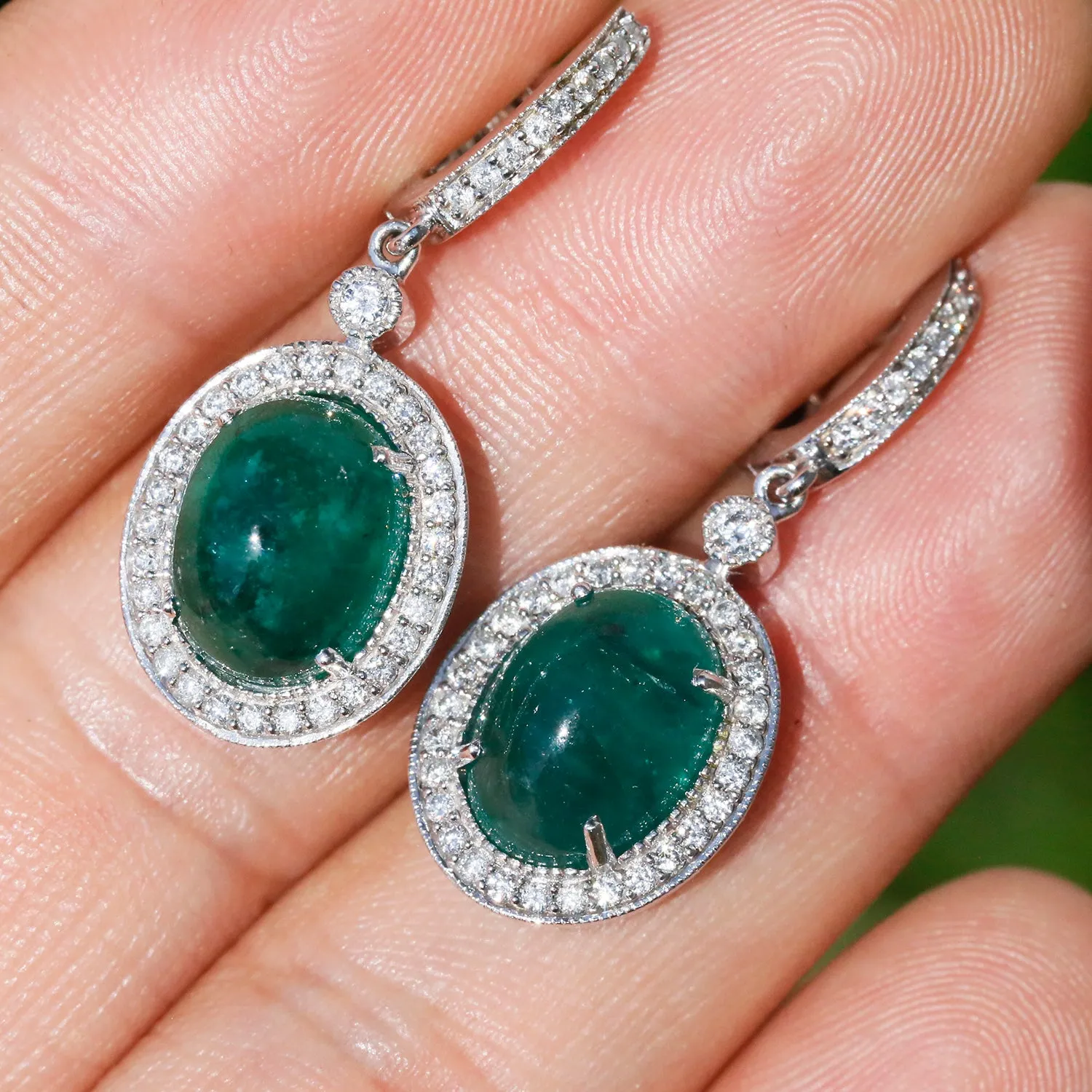 Oval Cabochon Emerald Drop Earrings with Diamonds White Gold