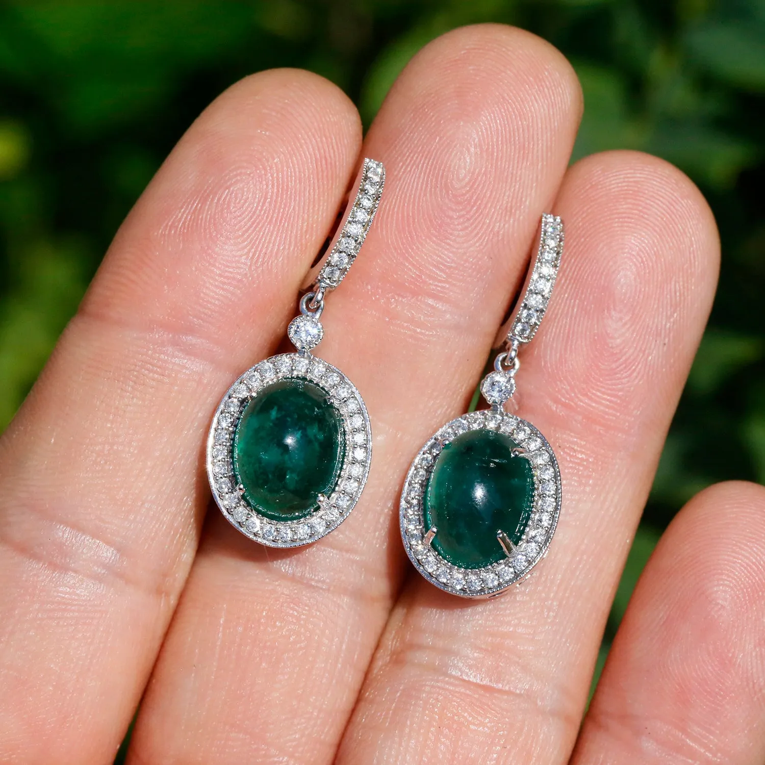 Oval Cabochon Emerald Drop Earrings with Diamonds White Gold