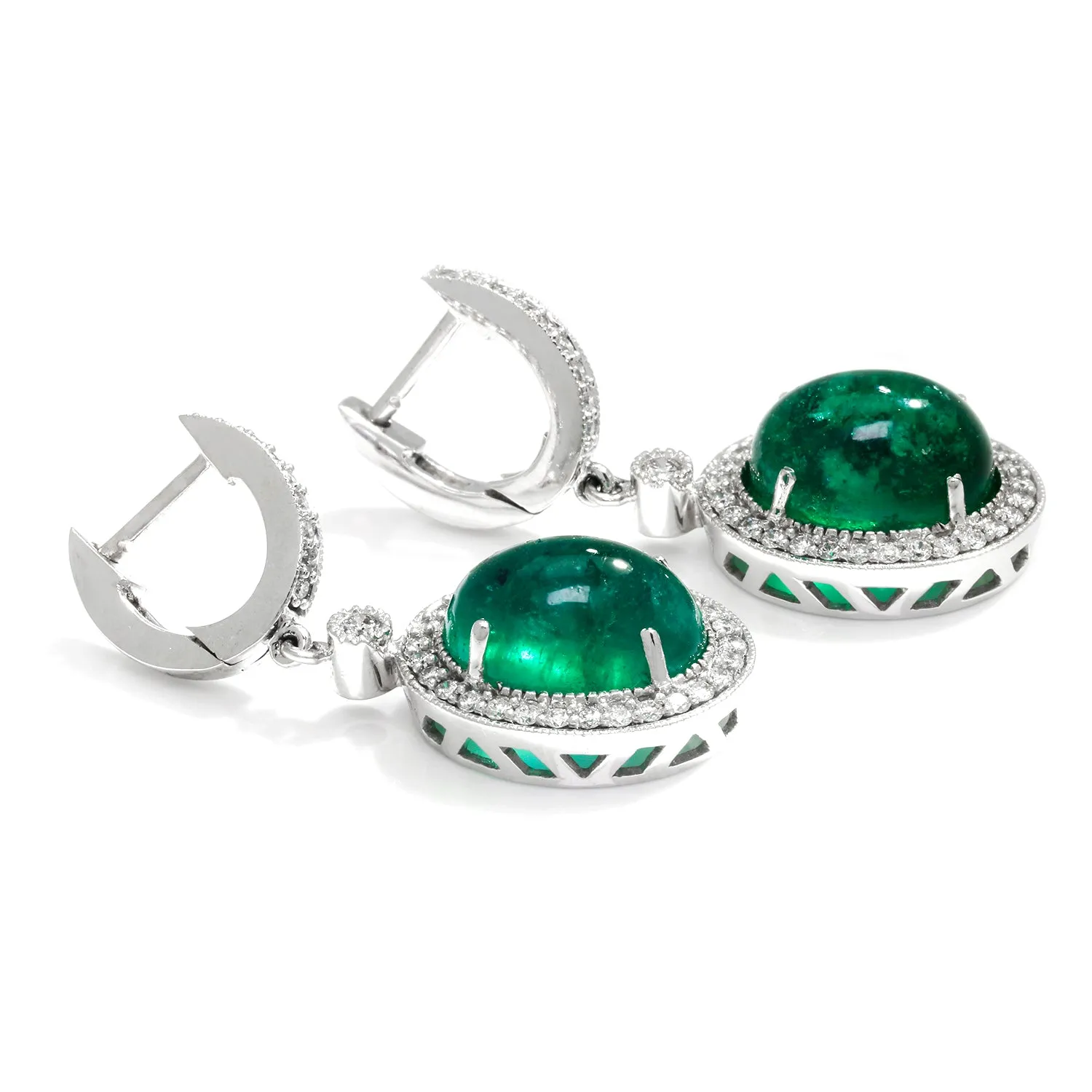 Oval Cabochon Emerald Drop Earrings with Diamonds White Gold