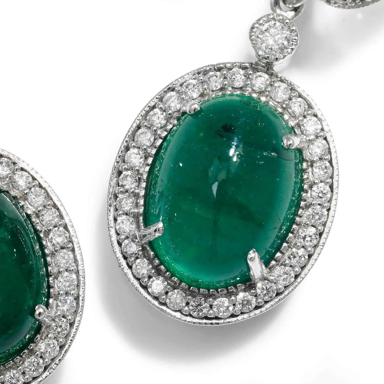 Oval Cabochon Emerald Drop Earrings with Diamonds White Gold