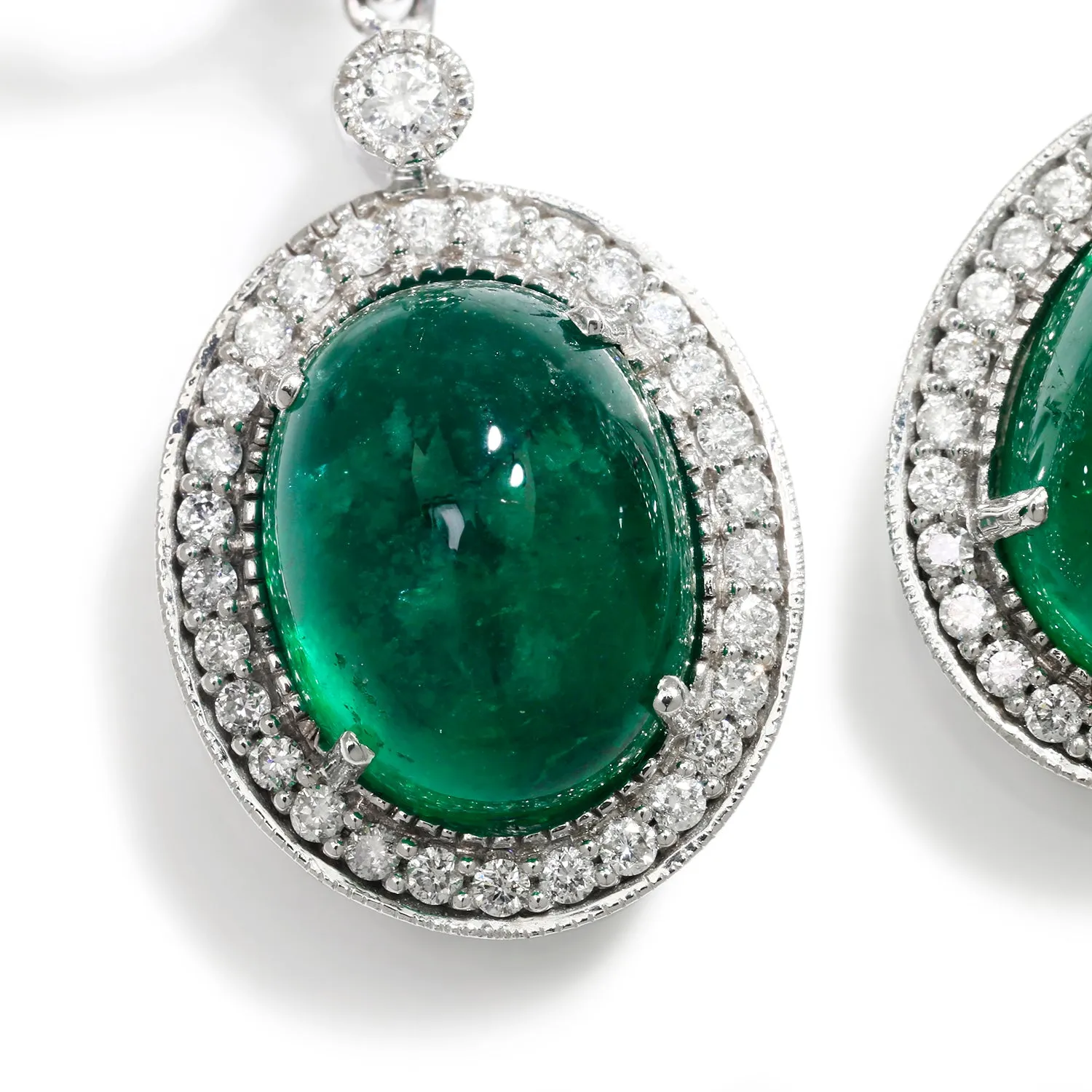 Oval Cabochon Emerald Drop Earrings with Diamonds White Gold