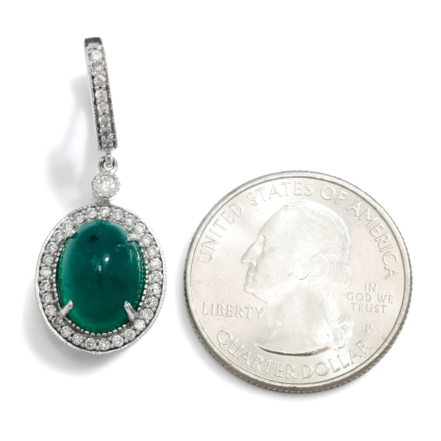 Oval Cabochon Emerald Drop Earrings with Diamonds White Gold