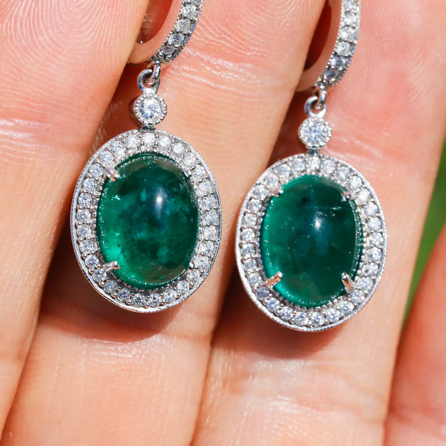 Oval Cabochon Emerald Drop Earrings with Diamonds White Gold