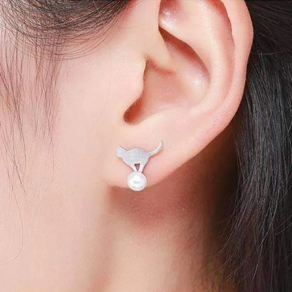 Playful Kitten and Pearl Ball Sterling Silver Stud Earrings