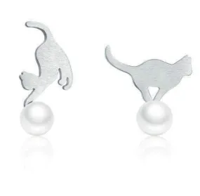 Playful Kitten and Pearl Ball Sterling Silver Stud Earrings