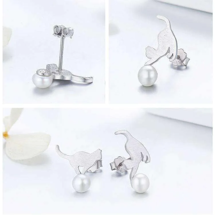 Playful Kitten and Pearl Ball Sterling Silver Stud Earrings