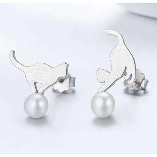 Playful Kitten and Pearl Ball Sterling Silver Stud Earrings