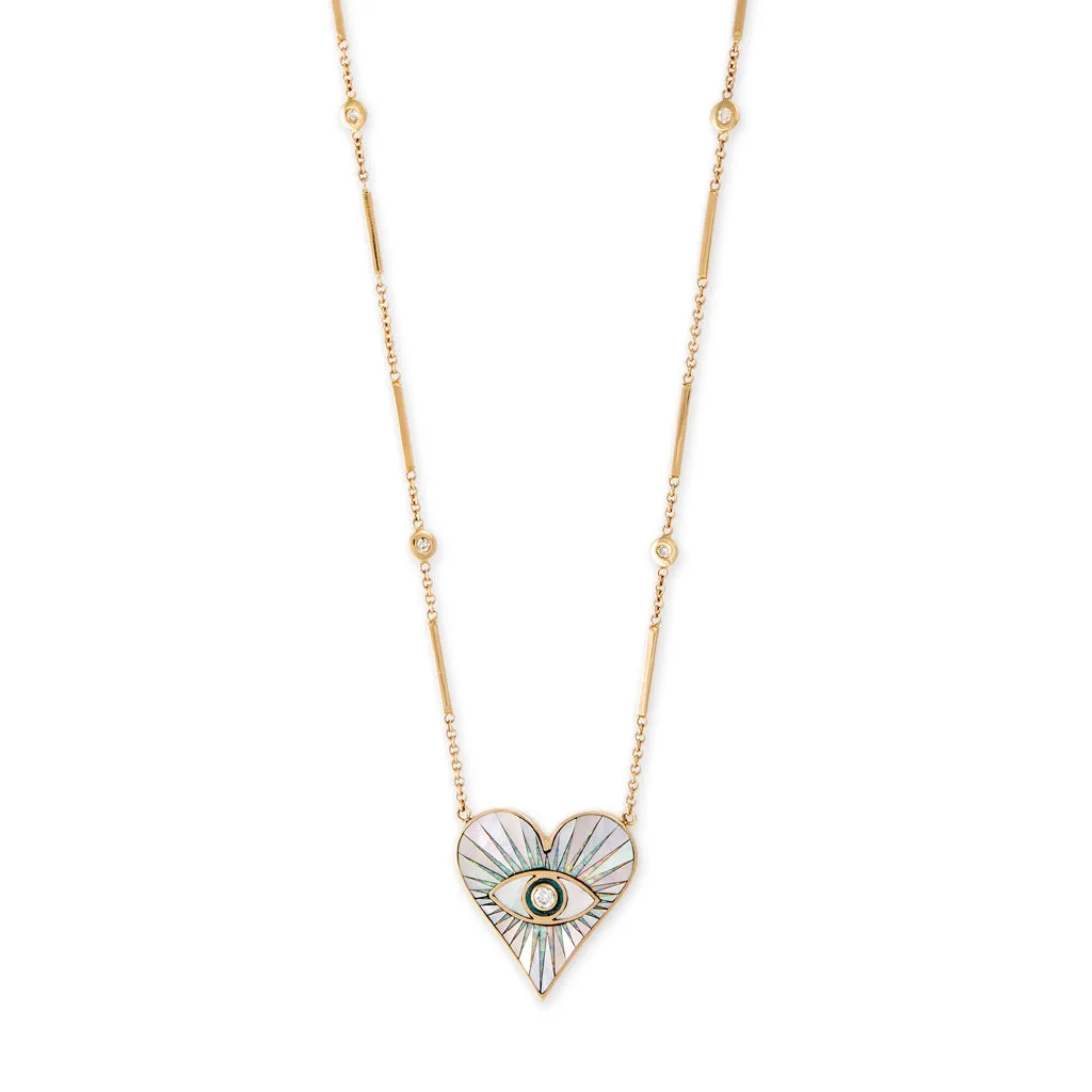 SMALL PEARL OPAL TURQUOISE INLAY EYE BURST HEART NECKLACE