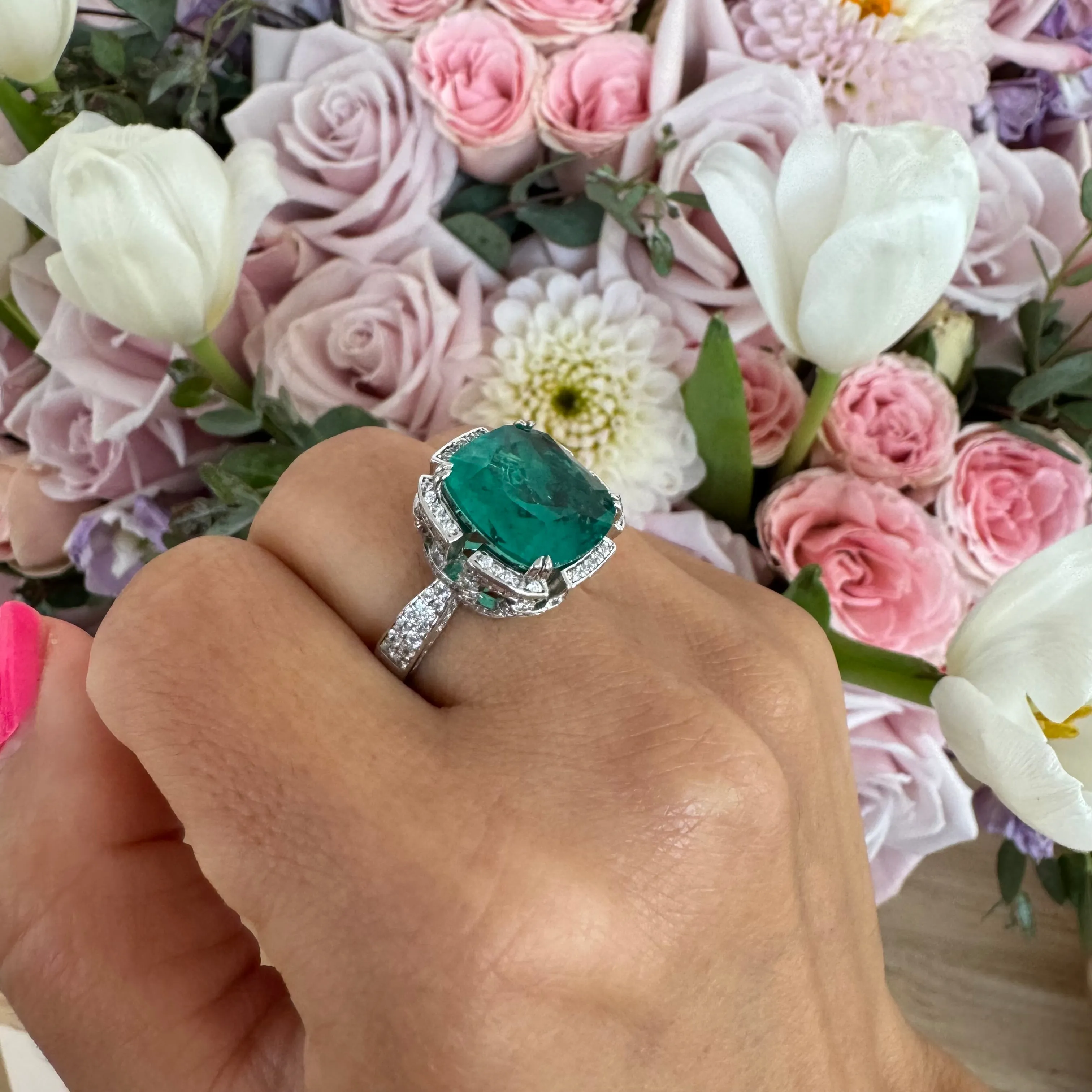 Sterling silver cushion cut emerald statement ring