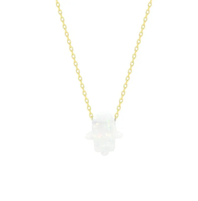 Sterling Silver Gold Plated White Opal Hamsa Pendant Necklace