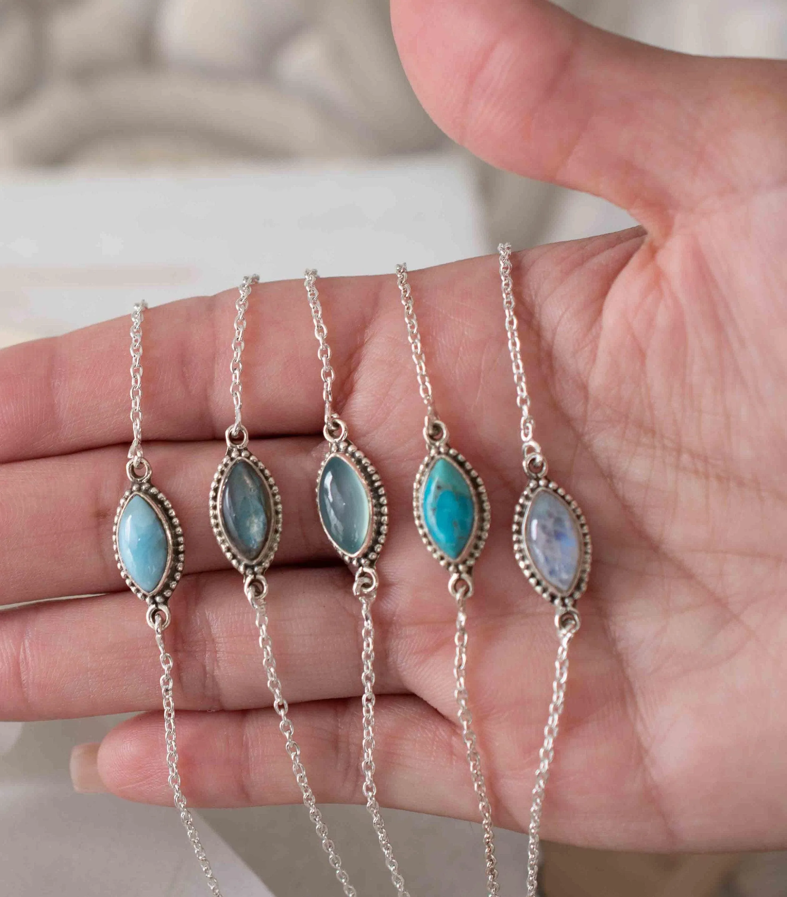 Turquoise, Labradorite, Larimar, Moonstone and Aqua Chalcedony Bracelet ~ Sterling Silver 925 ~ MB042