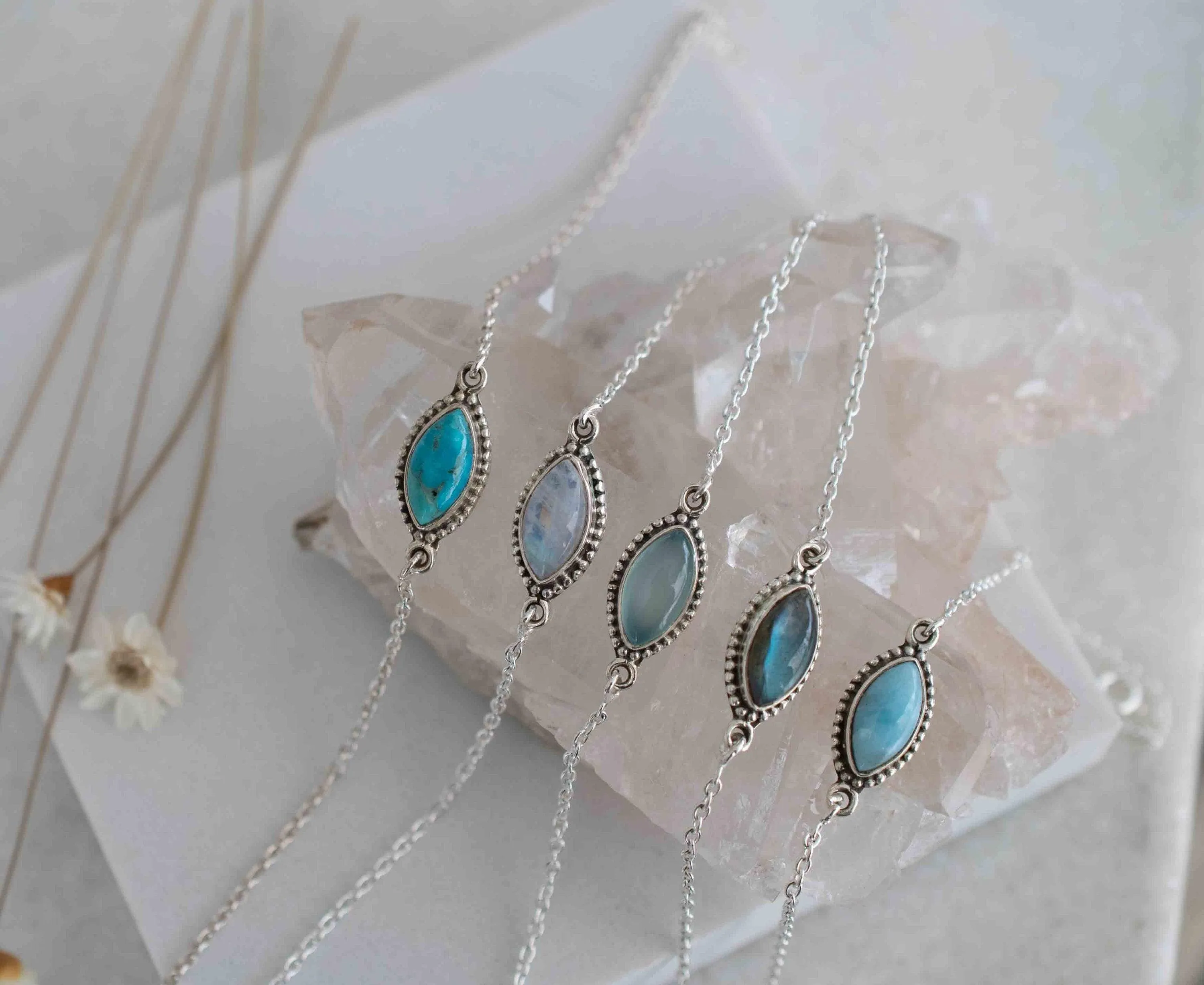 Turquoise, Labradorite, Larimar, Moonstone and Aqua Chalcedony Bracelet ~ Sterling Silver 925 ~ MB042