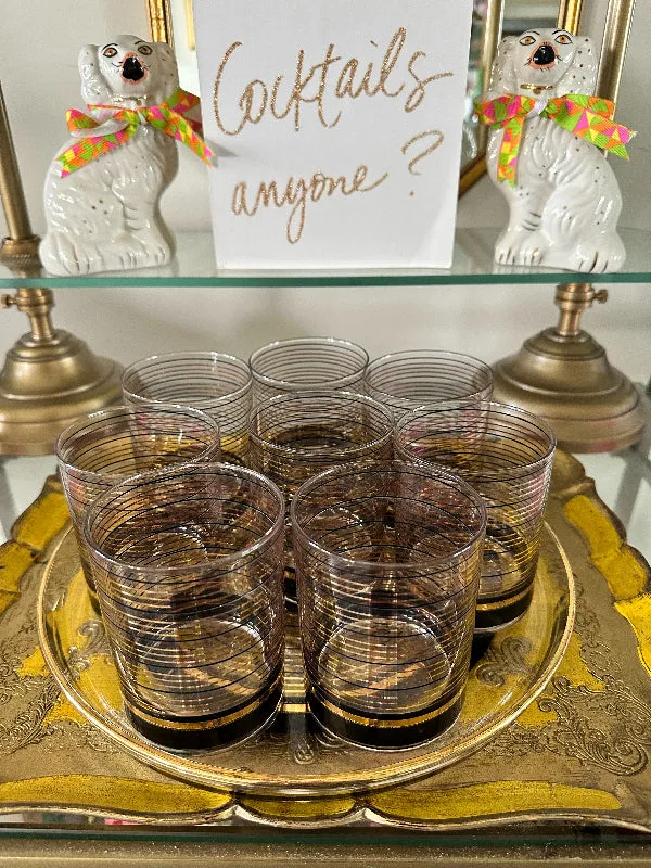 Vintage Culver Glasses and Tray Set, Black and Gold Stripe, 8 Lowball Glasses