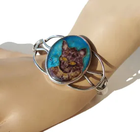 Vintage Enameled Cat Bracelet Sterling Cloisonne Cuff