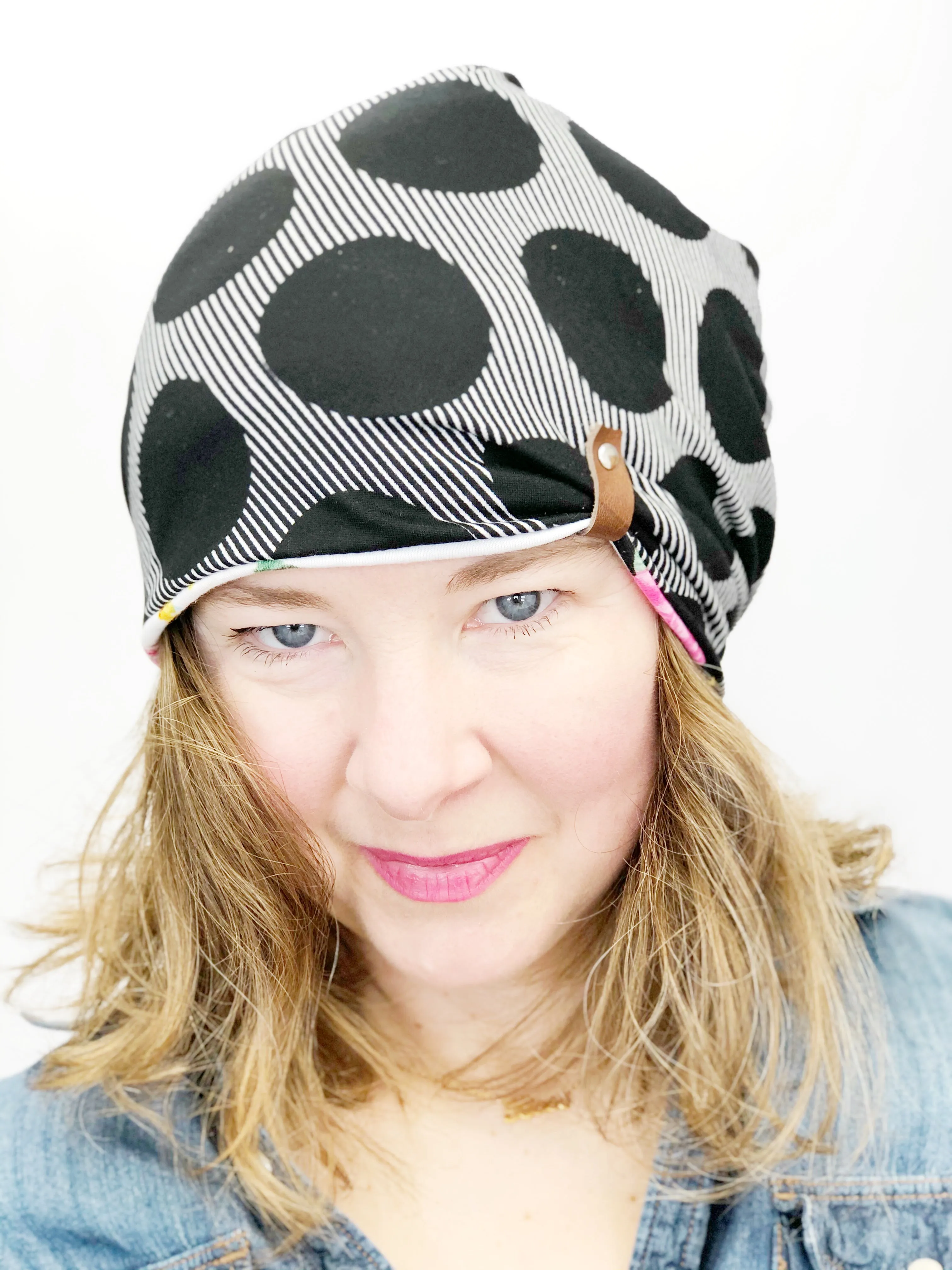 Women's Stretch Knit Hat, Soft Cotton Beanie, Black Dots on Grey Stripes with Floral Stripes, Size Large, L367
