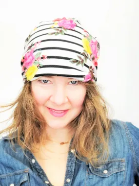 Women's Stretch Knit Hat, Soft Cotton Beanie, Black Dots on Grey Stripes with Floral Stripes, Size Large, L367